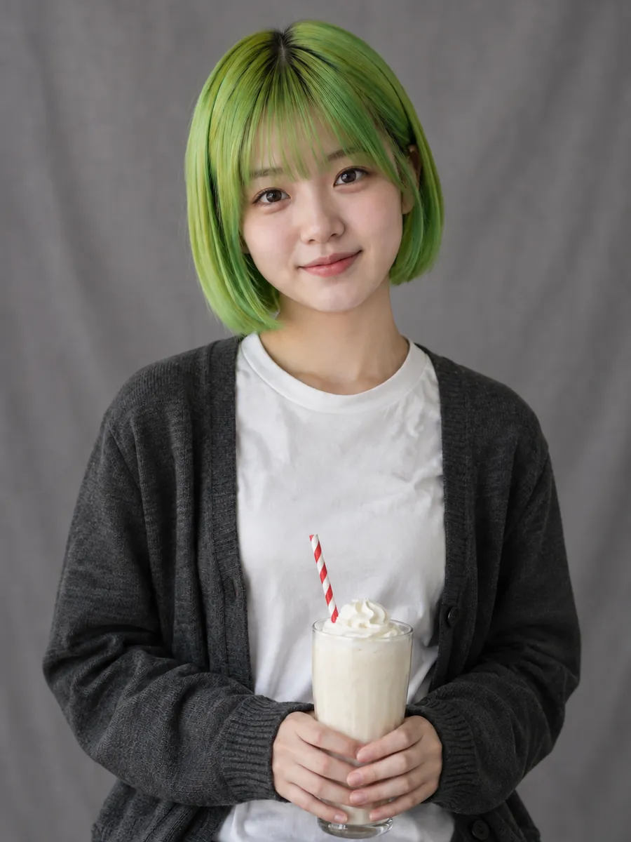 荧绿色短发、白色T恤与深色开衫的韩国少女角色参考