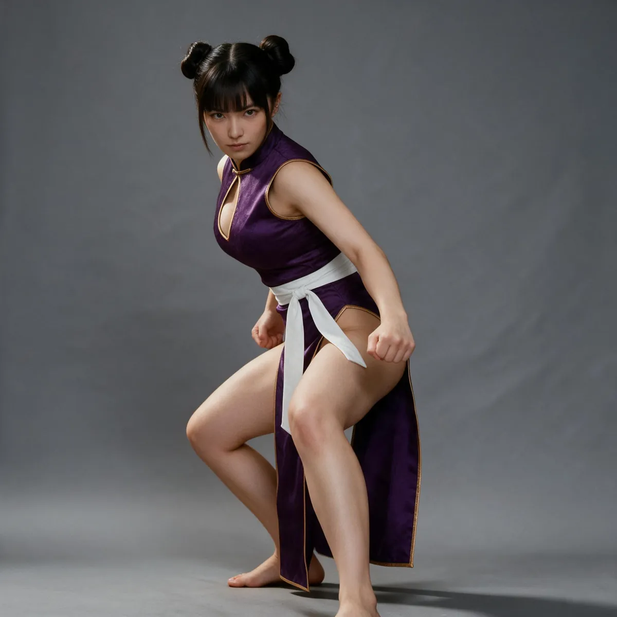 灰色摄影棚背景中，黑色双丸子头、紫色格斗服与白色腰带的赤脚女子